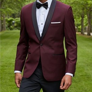 Brand New!! Men's tuxedo blazer never worn, maroon with black detailing